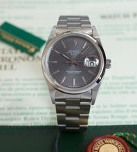 Afbeelding in Gallery-weergave laden, Rolex Date 15210 Slate Grey + Papers & Original Engine Turned Bezel (1995)