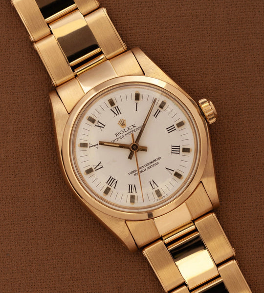 Rolex Oyster Perpetual 6748 'White Buckley Dial / 18K Gold / Riveted Oyster' (1978)