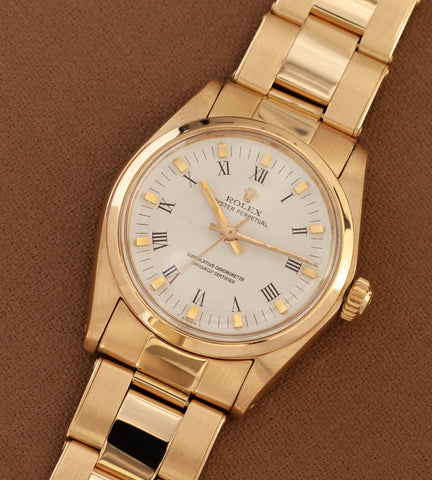 Rolex Oyster Perpetual 6748 'White Buckley Dial / 18K Gold / Riveted Oyster' (1978)